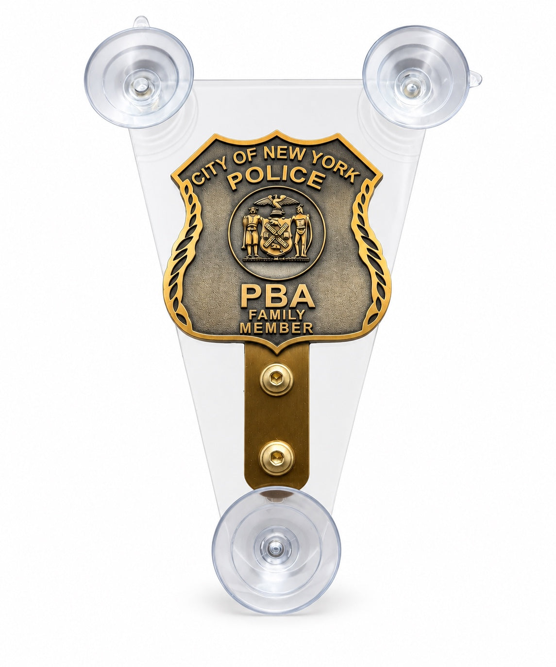 Windshield badge family member display on clear acrylic mount