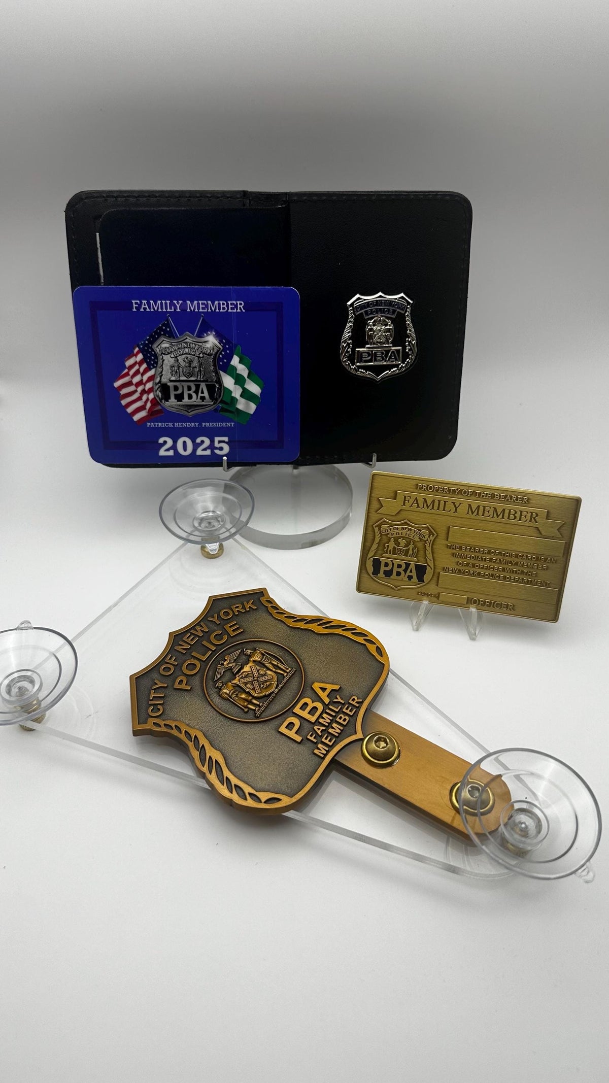 New York City PBA windshield badge set with wallet and sticker